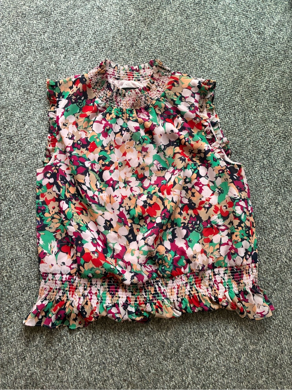 J. Crew Floral Smocked Neck Sleeveless Top - Green, Red, Pink